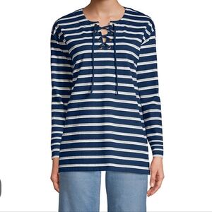 Womens Long Sleeve Striped Jersey Lace Up Tie Front Tunic Shirt MEDIUM